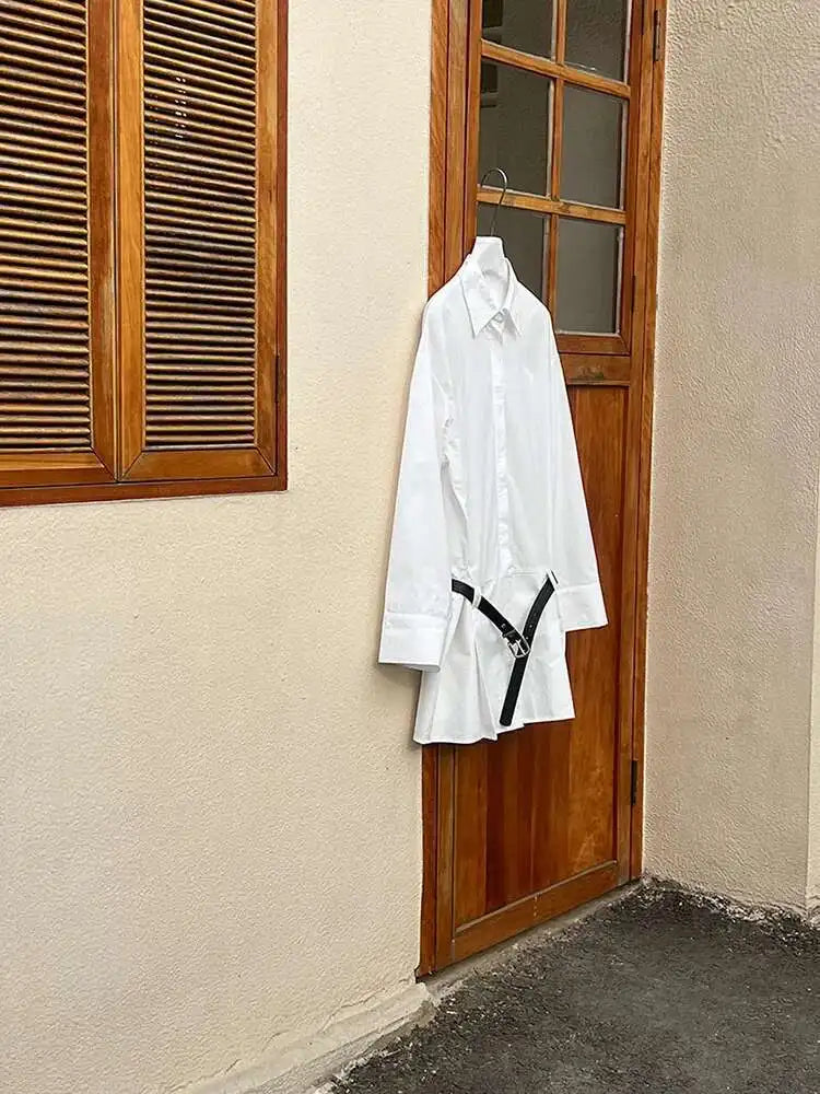 Women White Hem Pleated Elegant Big Size Mini Shirt Dress New Lapel Long Sleeve Fashion Tide Spring Autumn 2025 1DH9552