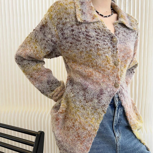 Load image into Gallery viewer, Print Knitting Sweater For Women Lapel Long Sleeve Colorblock Single Breasted Slim Cardigan Female Clothing Fashion
