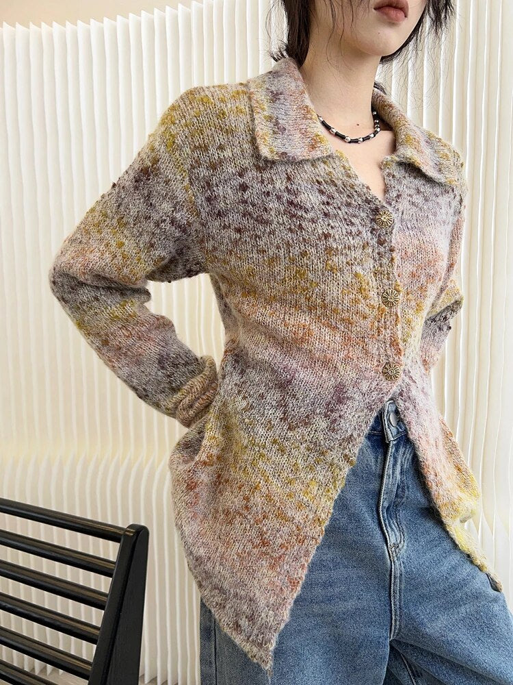 Print Knitting Sweater For Women Lapel Long Sleeve Colorblock Single Breasted Slim Cardigan Female Clothing Fashion