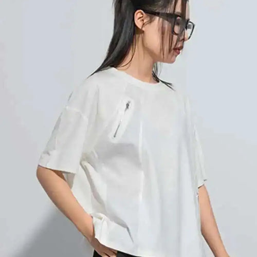 Load image into Gallery viewer, Women Black Green Color-block Big Size Zipper T-shirt New Round Neck Short Sleeve Fashion Tide Spring Summer 2025 1DH5062
