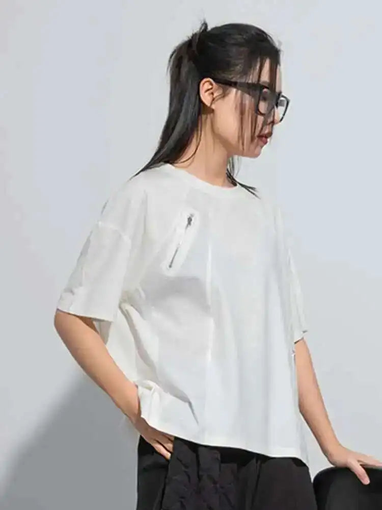 Women Black Green Color-block Big Size Zipper T-shirt New Round Neck Short Sleeve Fashion Tide Spring Summer 2025 1DH5062