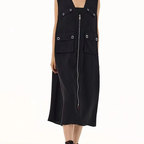 Load image into Gallery viewer, Women Black Zipper Pockets Spliced Big Size Midi Vest Dress New V-Neck Sleeveless Fashion Tide Spring Autumn 2025  1DJ1194

