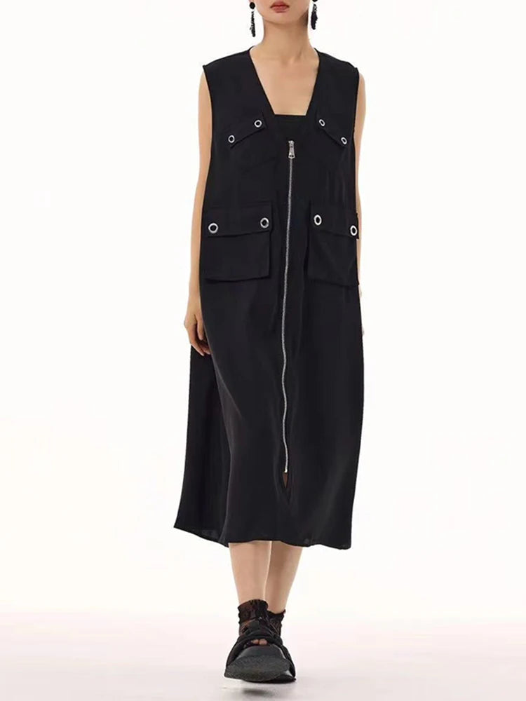 Women Black Zipper Pockets Spliced Big Size Midi Vest Dress New V-Neck Sleeveless Fashion Tide Spring Autumn 2025  1DJ1194