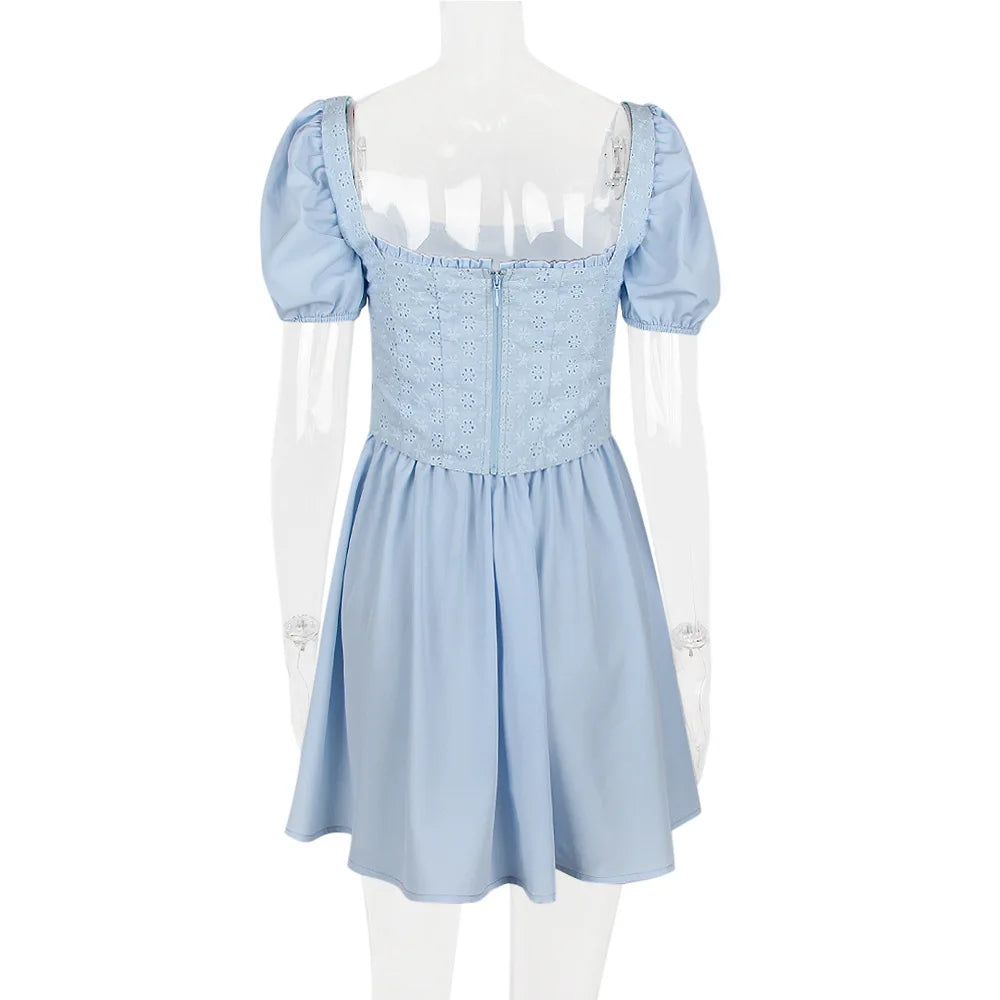 Elegant Short Puff Sleeve Sexy Mini Dress Women Fashion Square Collar Backless A-line Pleated Club Party Dress Vintage