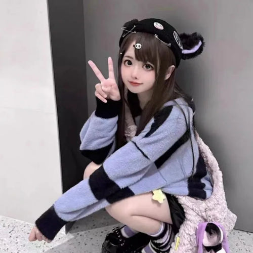 Load image into Gallery viewer, Streetwear Contrast Color Stripe Grunge Sweaters Y2k Aesthetic Loose Casual Pullovers Women Drawstring Hooded Harajuku Jumpers
