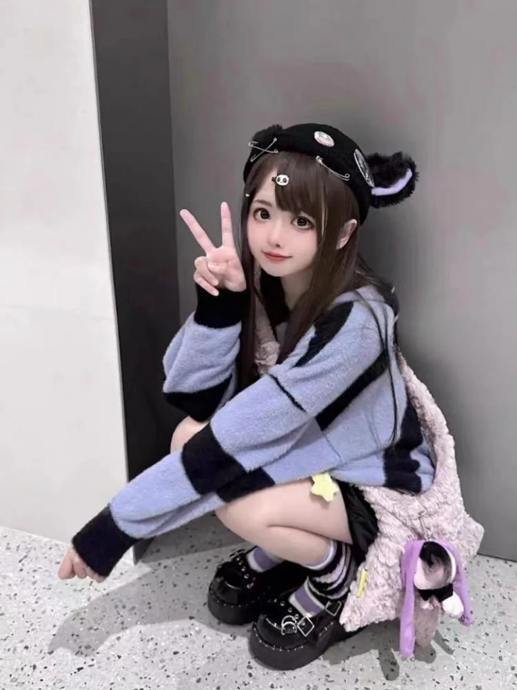 Streetwear Contrast Color Stripe Grunge Sweaters Y2k Aesthetic Loose Casual Pullovers Women Drawstring Hooded Harajuku Jumpers