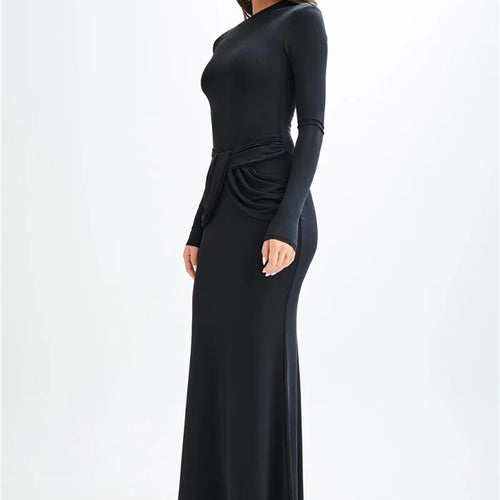 Load image into Gallery viewer, Diagonal Collar Long Sleeve Maxi Dress For Women Autumn Winter New Solid High Waist Ruched Bodycon Sexy Long Dress
