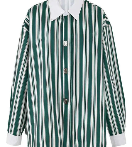 Women Green Striped Big Size Vintage Blouse New Lapel Long Sleeve Loose Fit Shirt Fashion Tide Spring Autumn 2025 CPG0669