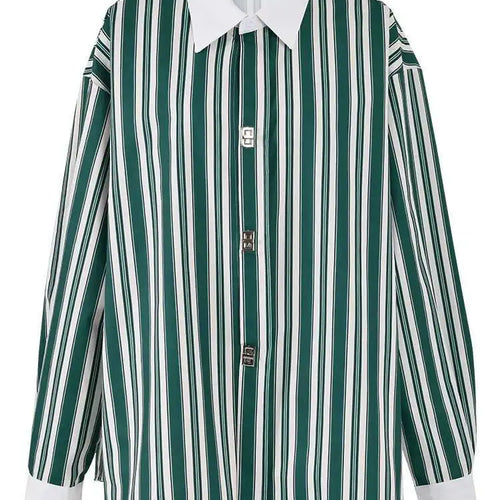 Load image into Gallery viewer, Women Green Striped Big Size Vintage Blouse New Lapel Long Sleeve Loose Fit Shirt Fashion Tide Spring Autumn 2025 CPG0669
