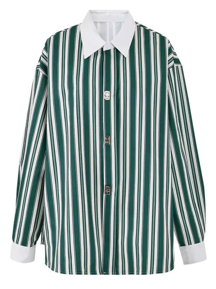 Women Green Striped Big Size Vintage Blouse New Lapel Long Sleeve Loose Fit Shirt Fashion Tide Spring Autumn 2025 CPG0669