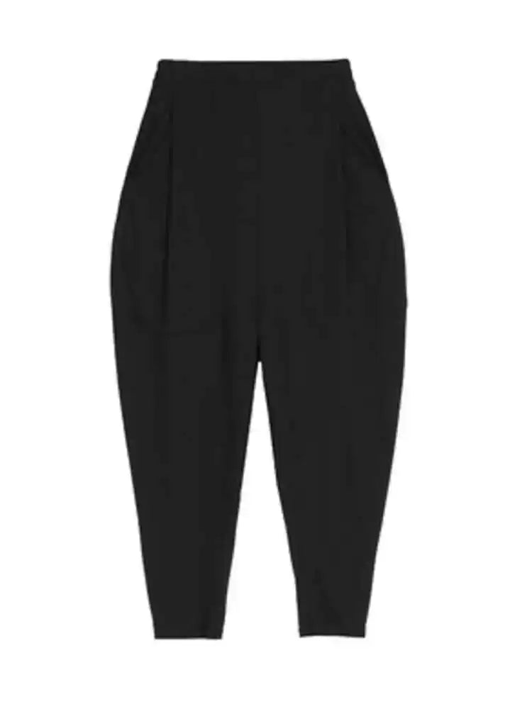 Spring Autumn High Elastic Waist Black Leisure Pocket Stitch Loose Harem Pants Women Trousers Fashion Tide JW997