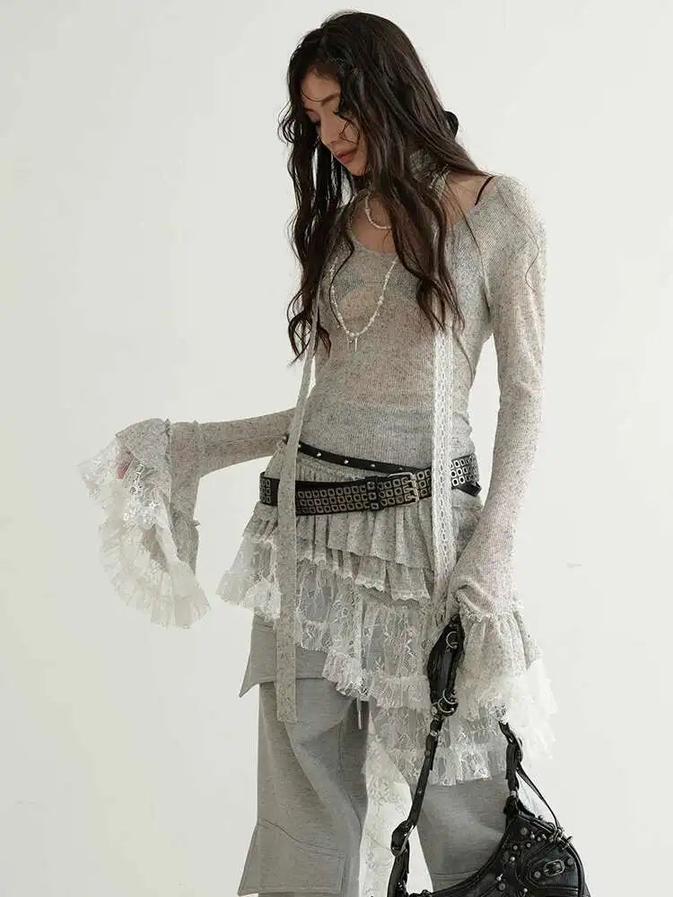 Women Perspective Irregular Mini Sweater Dress New Round Neck Long Flare Sleeve Fashion Tide Spring Autumn 2025 1DH9338