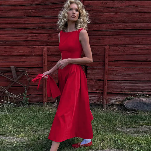 Load image into Gallery viewer, Backless A-line Maxi Dress For Women Fashion Solid O Neck Sleeveless Long Dress Ladies Gown High Waist Tank Dresses
