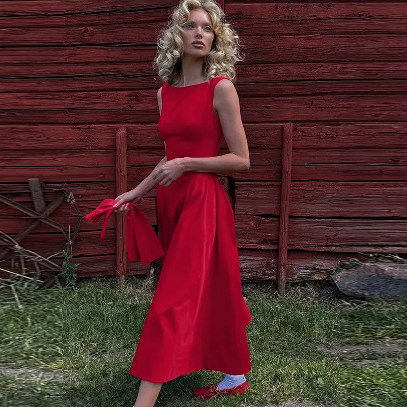 Backless A-line Maxi Dress For Women Fashion Solid O Neck Sleeveless Long Dress Ladies Gown High Waist Tank Dresses