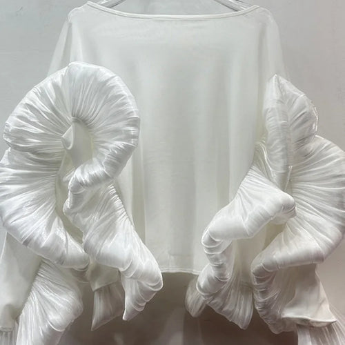 Load image into Gallery viewer, Women White Mesh Perspective Ruffles Big Size T-shirt New Round Neck Long Sleeve Fashion Tide Spring Autumn 2025 1DJ0036
