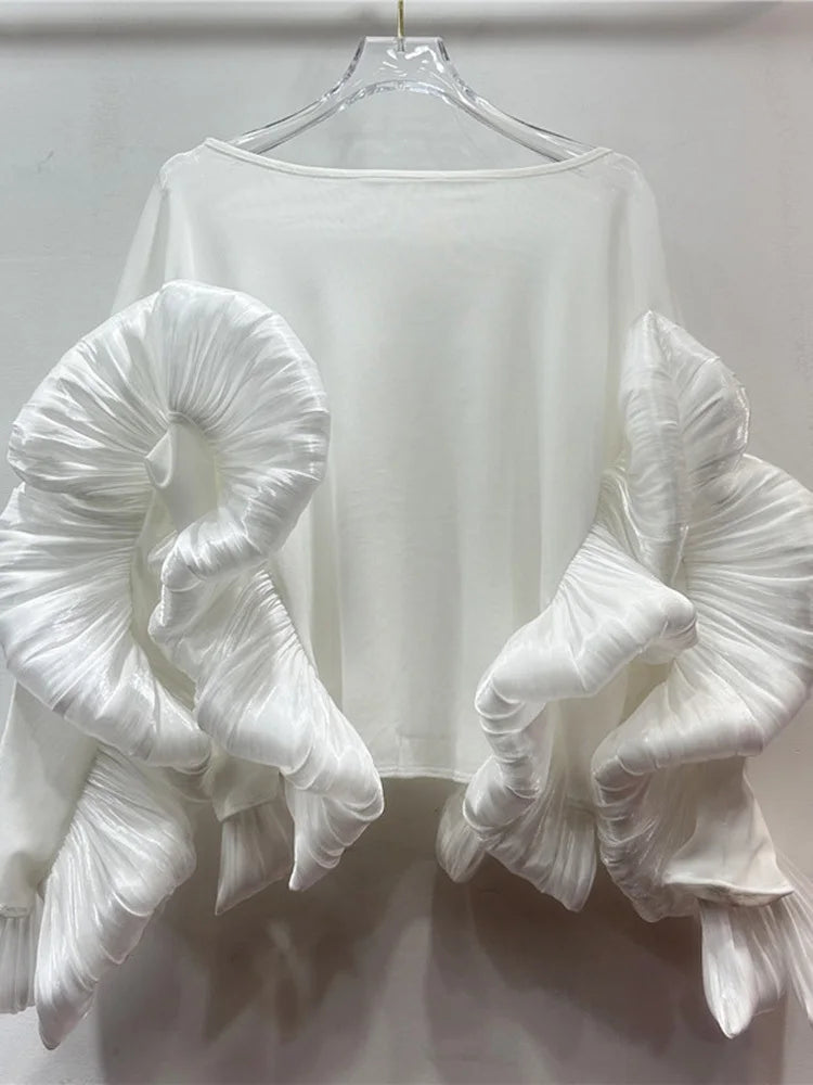 Women White Mesh Perspective Ruffles Big Size T-shirt New Round Neck Long Sleeve Fashion Tide Spring Autumn 2025 1DJ0036