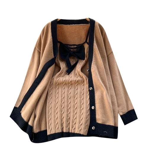 Load image into Gallery viewer, Autumn Winter Patchwork Knit Sweater Suit Single Breasted Cardigan Top+ Strap Bow Twist Bodycon Slip Dress Women Warm Sets Trend
