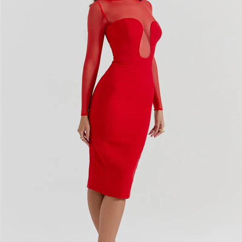 Load image into Gallery viewer, Elegant Strapless Sexy Midi Dress For Women Fashion Sheer Long Sleeve Backless Split Bodycon Club Party Sexy Long Dress

