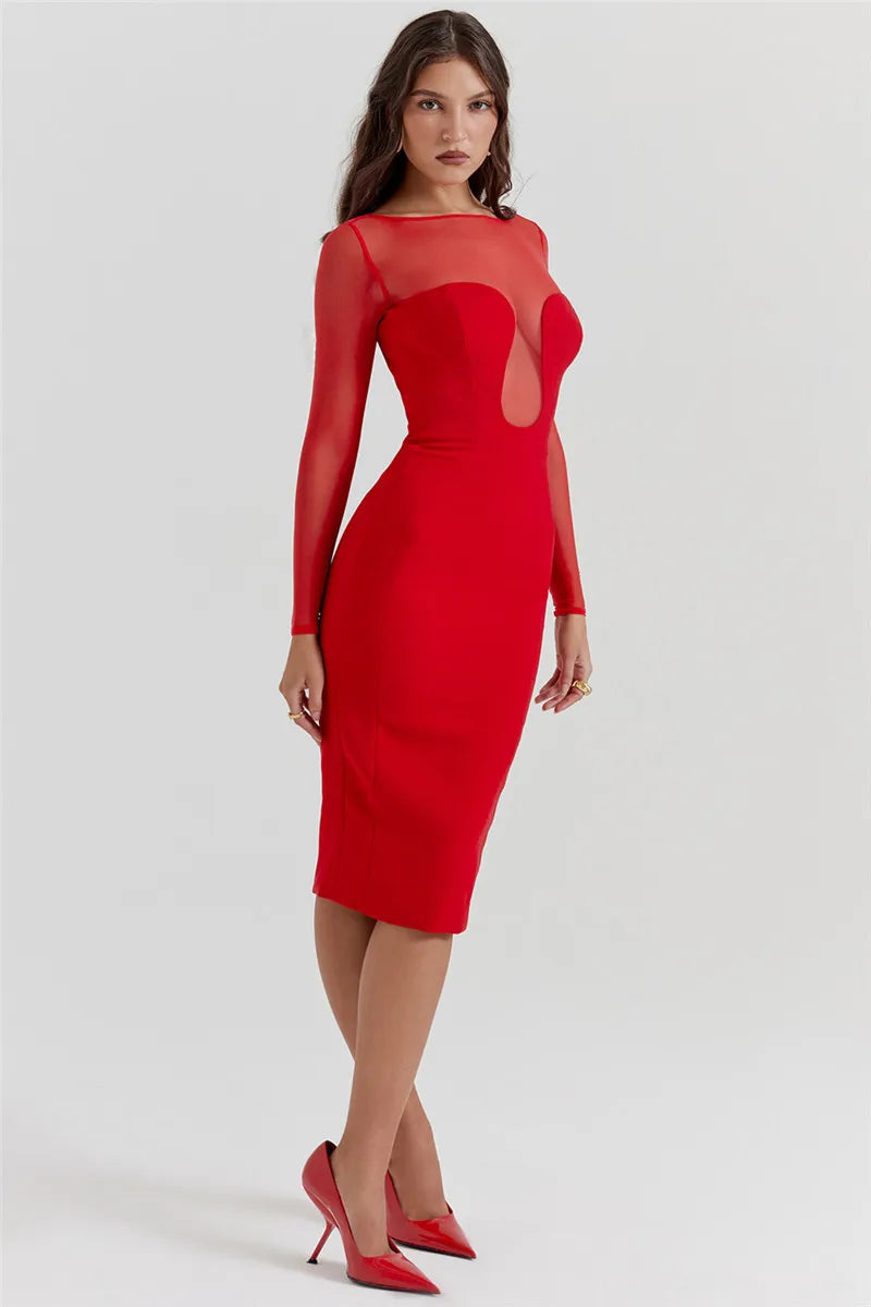 Elegant Strapless Sexy Midi Dress For Women Fashion Sheer Long Sleeve Backless Split Bodycon Club Party Sexy Long Dress