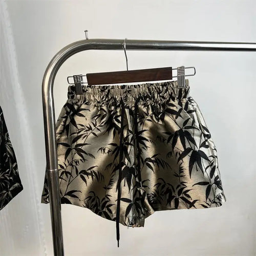 Load image into Gallery viewer, Vintage Women Drawstring Lace-up High Waist Jacquard Shorts Chinese Style Bamboo Leaf Print Wide Leg Short Pant 2024 New Summer
