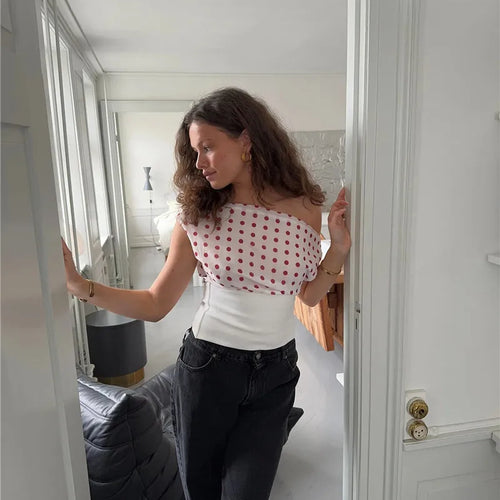 Load image into Gallery viewer, Backless Polka Dot Crop Tops Women Vest Fashion Summer New Oblique Shoulder Sleeveless Tank Tops Pullovers Female
