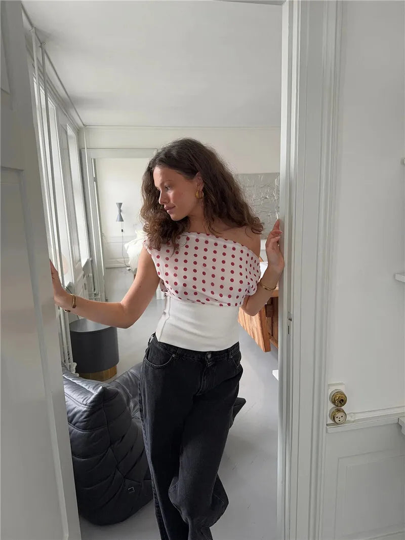 Backless Polka Dot Crop Tops Women Vest Fashion Summer New Oblique Shoulder Sleeveless Tank Tops Pullovers Female