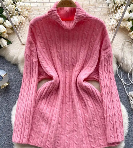 Autumn Winter Women's Solid Elegant High-neck Knitting Sweater Female Loose Thick Warm Long Sleeves Simple Crochet Pullover Tops
