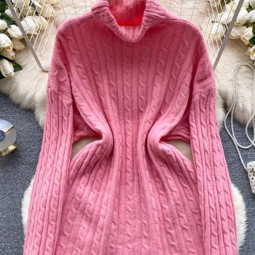 Load image into Gallery viewer, Autumn Winter Women's Solid Elegant High-neck Knitting Sweater Female Loose Thick Warm Long Sleeves Simple Crochet Pullover Tops
