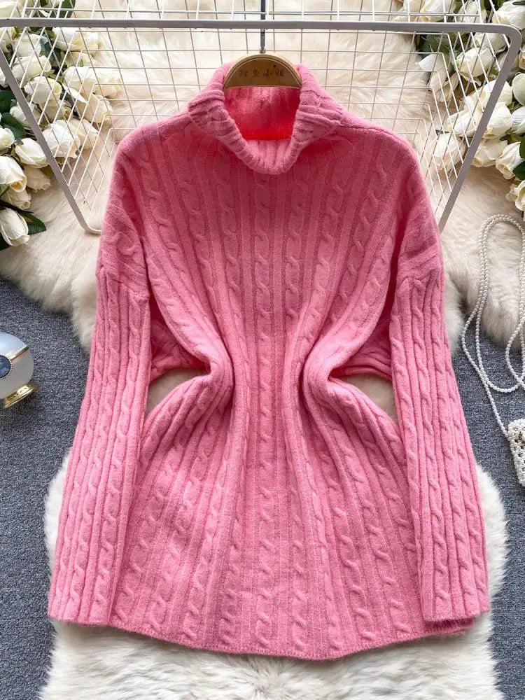 Autumn Winter Women's Solid Elegant High-neck Knitting Sweater Female Loose Thick Warm Long Sleeves Simple Crochet Pullover Tops