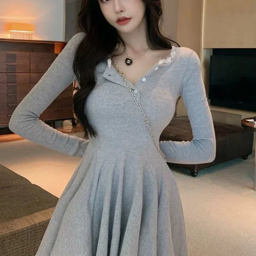 Load image into Gallery viewer, Knitted Black Wrap Dress Women Korean Style Bodycon Lace Long Sleeve Short Dresses Autumn Kpop Outfits Solid
