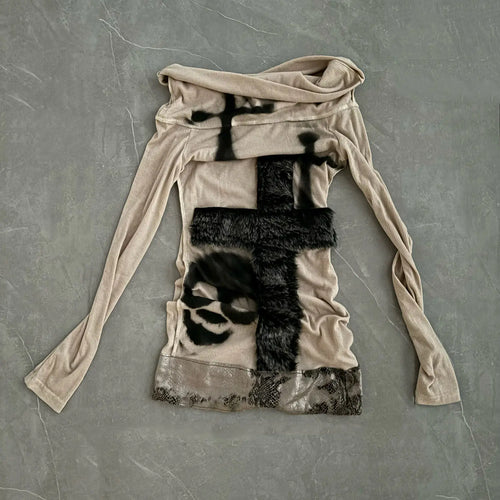 Load image into Gallery viewer, Y2k Aesthetic Off Shoulder Fur Patchwork Sexy T Shirt Harajuku Punk Skull Print Slash Neck Tops Streetwear Fairy Vintage Tees
