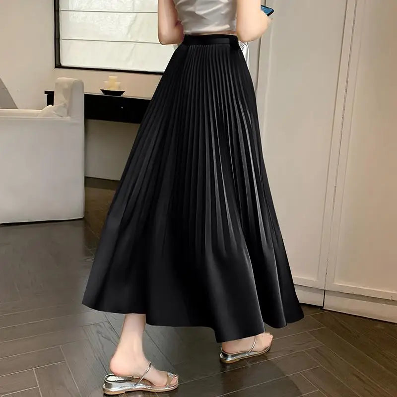 Spring Summer New Women Solid Office Elegant Long Skirt French Fashion High Waist Vacation Pleated Half Skirt Popular Streetwear