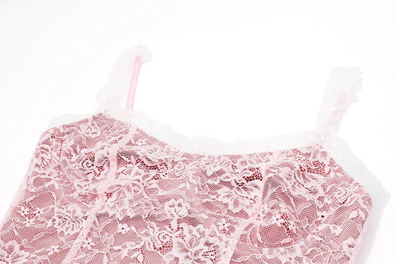 Lace Flare Long Sleeve Sexy Mini Dress For Women Robe Autumn New Pink O Neck A-line High Waist Pleated Dress Elegant