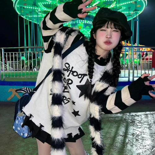 Load image into Gallery viewer, Y2k Aesthetic Star Letter Print Women Sweaters Striped Harajuku Loose Ripped Grunge Sueter Mujer Goth All Match Casual Pullover
