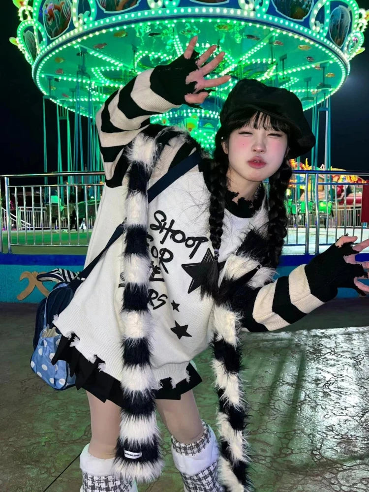 Y2k Aesthetic Star Letter Print Women Sweaters Striped Harajuku Loose Ripped Grunge Sueter Mujer Goth All Match Casual Pullover
