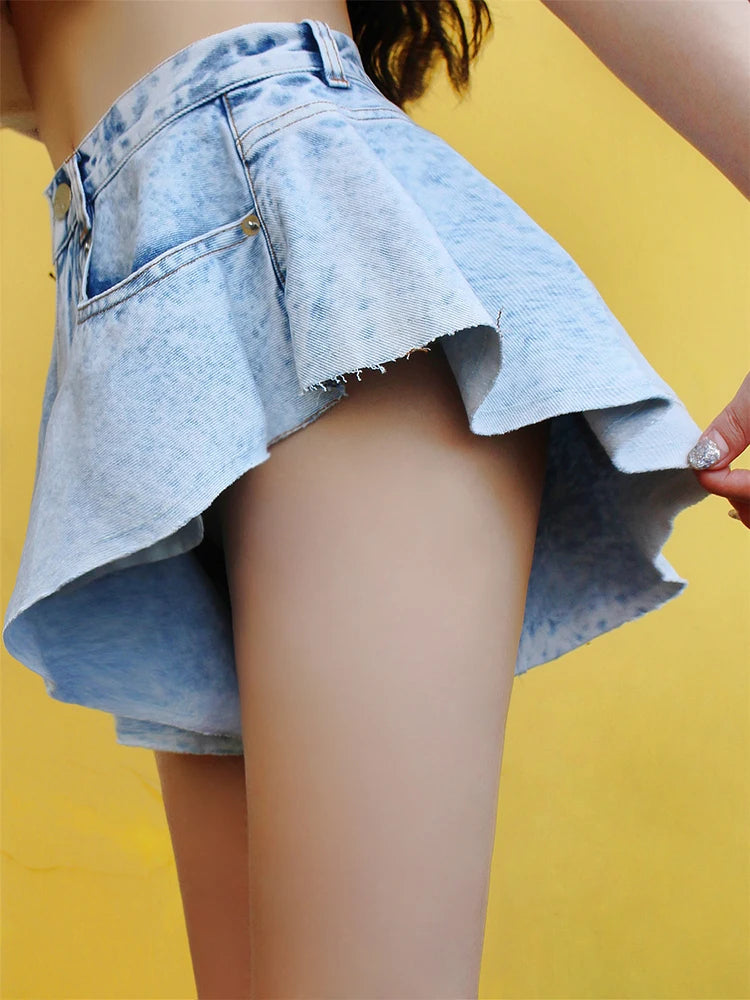 Sexy Denim Shorts For Women High Waist Solid Minimalist Fold Pleated Short Pants Female Korean Fashion Clothing