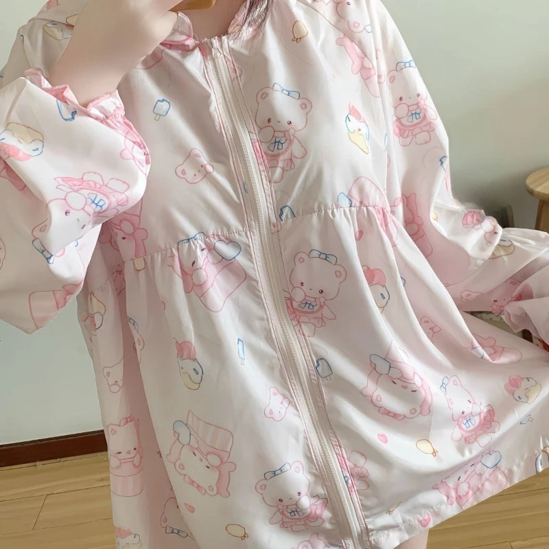 Japanese Sun Protection Cartoon Print Jackets Women Y2k Aesthetic Grunge Bear's Ear Hooded Coat Casual Loose Zipper Femme Tops