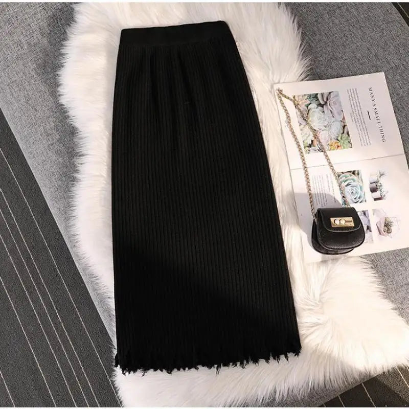 Casual Knitted Midi Pencil Skirt Y2k Women Autumn Winter Elastic High Waist  A-line Split Straight Skirts Female Streetwear