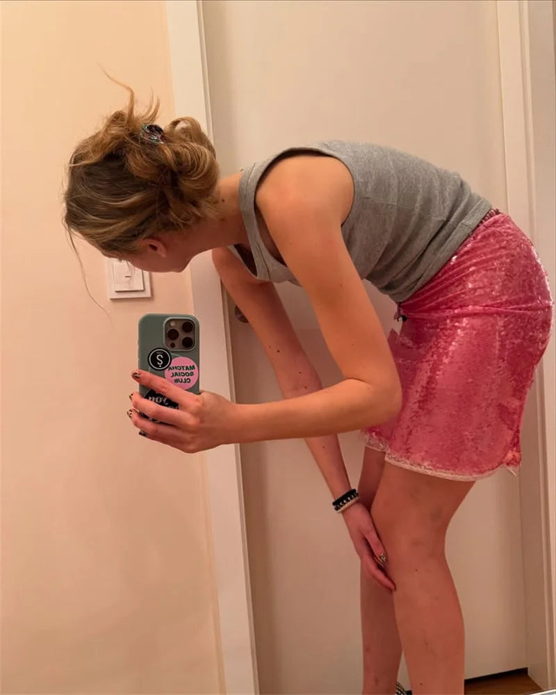 Sequin Summer Beach Sexy Skirt Women Elegant Sparkle High Waist A-line Skirts Female Pink Vacation Club Party Skirt