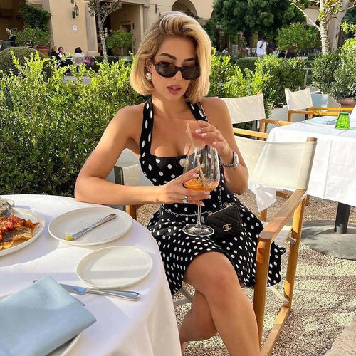 Load image into Gallery viewer, Halter Backless Polka Dot Dress For Women Fashion Square Collar Sleeveless High Waist A-line Knit Mini Dress Elegant
