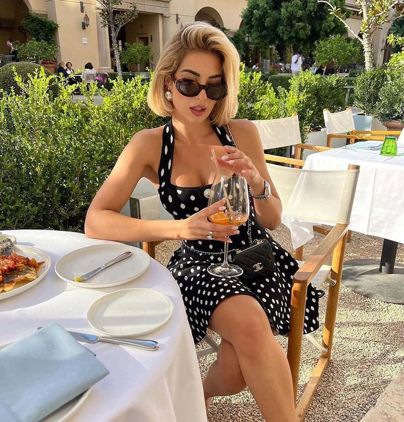 Halter Backless Polka Dot Dress For Women Fashion Square Collar Sleeveless High Waist A-line Knit Mini Dress Elegant