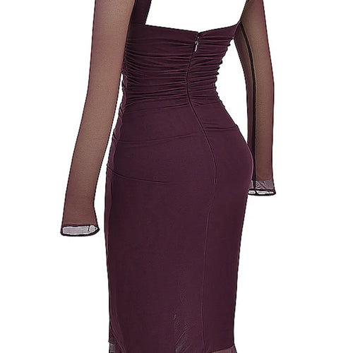 Load image into Gallery viewer, Elegant Ruffle Ruched Midi Dress For Women Robe Sheer Long Sleeve Backless Irregular Club Party Sexy Dress Vestido
