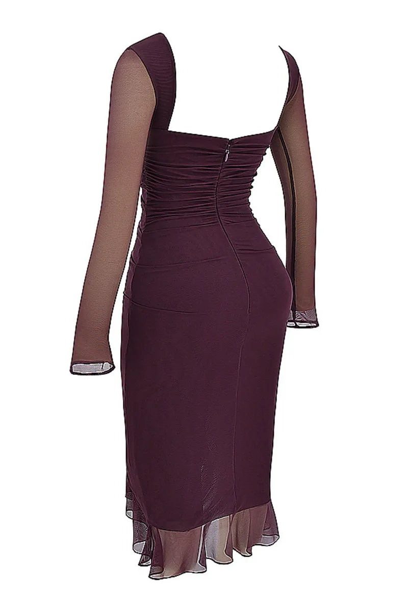 Elegant Ruffle Ruched Midi Dress For Women Robe Sheer Long Sleeve Backless Irregular Club Party Sexy Dress Vestido