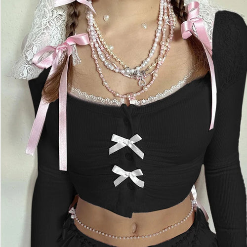 Load image into Gallery viewer, Sweet Pink Folds Ruched Skinny Autumn T-shirts Women Bow Korean Fashion Crop Top Cute Coquette Tee Shirts Girls Y2K
