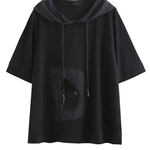 Load image into Gallery viewer, Women Black Color-block Big Size Drawstring T-shirt Hooded New Half Sleeve Loose Fit Fashion Spring Autumn 2025 1DF5304
