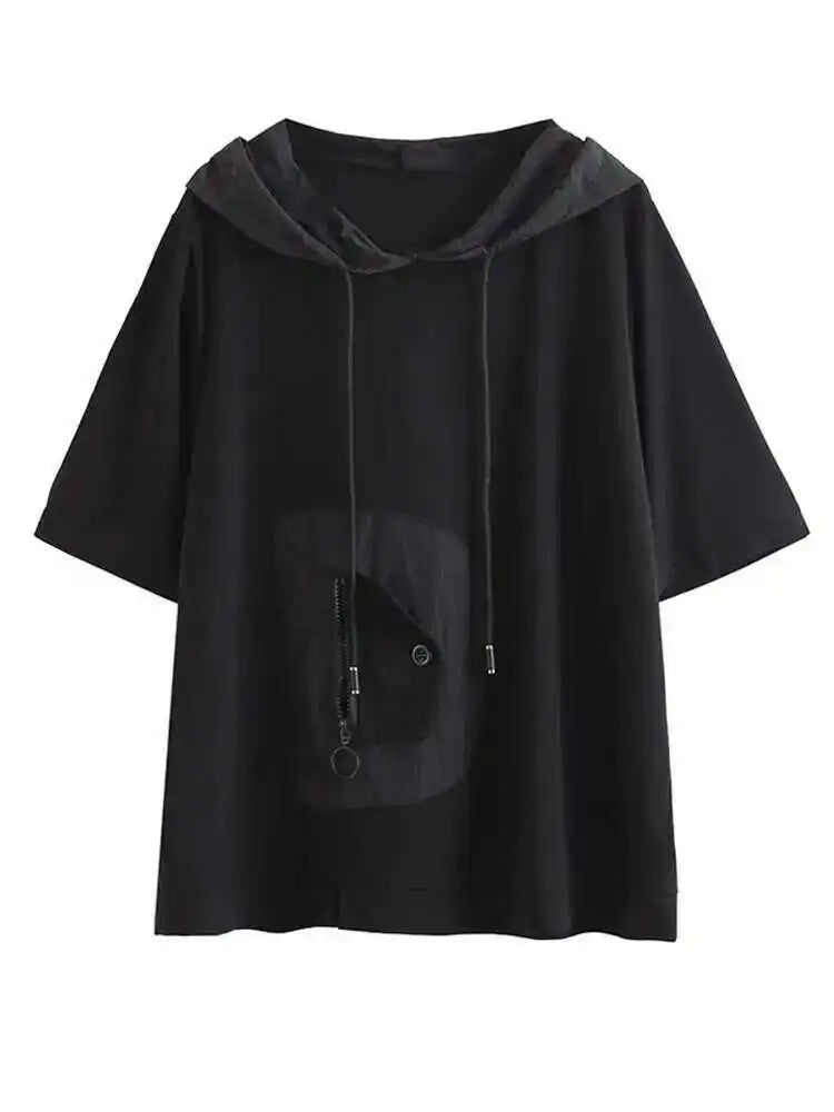 Women Black Color-block Big Size Drawstring T-shirt Hooded New Half Sleeve Loose Fit Fashion Spring Autumn 2025 1DF5304