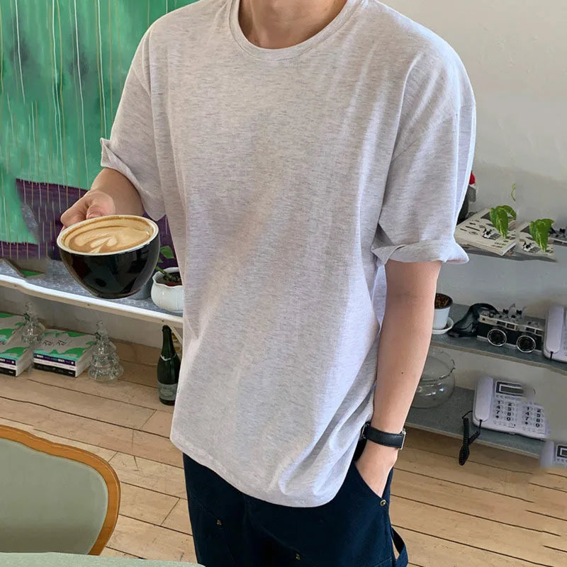 Men's Short SleeveT-shirts New Summer Loose Solid Color Korean Round Neck Style Pullover Casual Trendy Male Top 9W1611