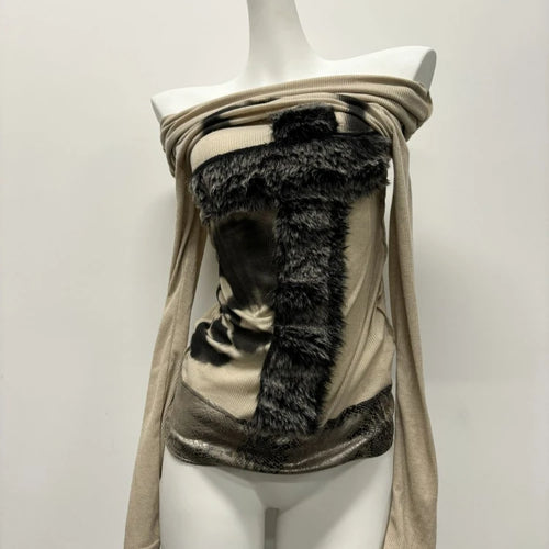 Load image into Gallery viewer, Y2k Aesthetic Off Shoulder Fur Patchwork Sexy T Shirt Harajuku Punk Skull Print Slash Neck Tops Streetwear Fairy Vintage Tees
