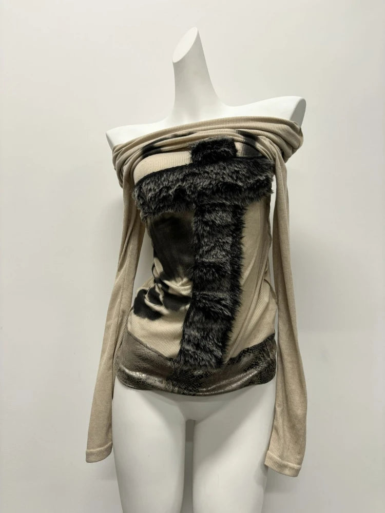 Y2k Aesthetic Off Shoulder Fur Patchwork Sexy T Shirt Harajuku Punk Skull Print Slash Neck Tops Streetwear Fairy Vintage Tees