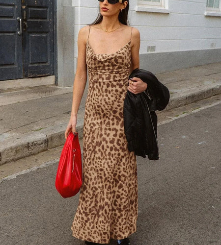 Leopard Print Sleeveless Backless Sexy Bodycon Maxi Dress Summer Women Fashion Outfits Streetwear Party Festival